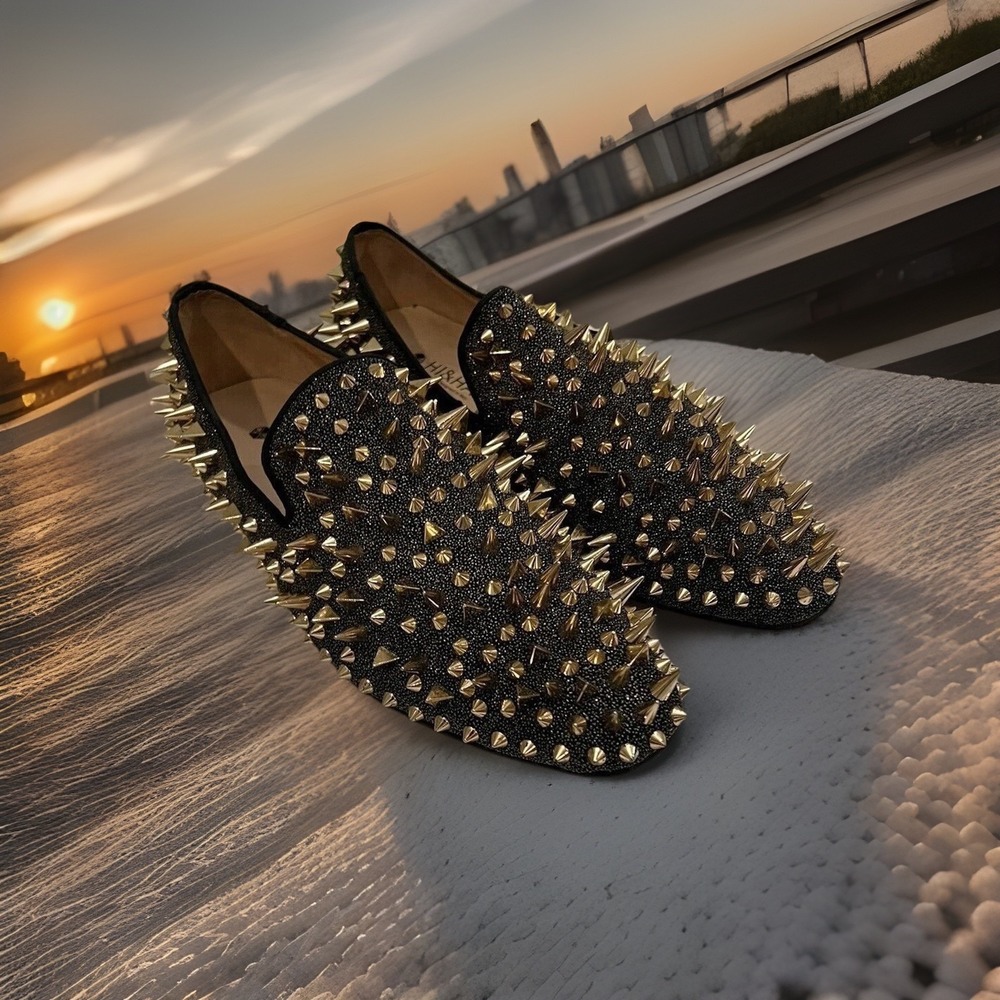 Hi & Hann Gold Spikes Men Loafers Rhinestones Glitter Men's Shoe 12.5